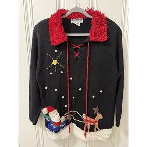 Vintage Jack B. Quick Christmas Sweater Santa Claus ugly Black‎ Size Large
